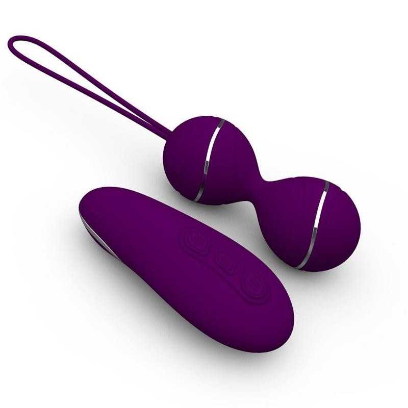 Overhead flat-lay photograph of two dark purple silicone personal care items, one oval with control buttons and one with a loop cord, on a clean white background, deep aubergine tones, understated retail mood.